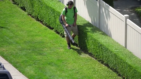 Motion of worker with leaf blowers clean up leaves in front of apartment garden Stock Footage 78497821
