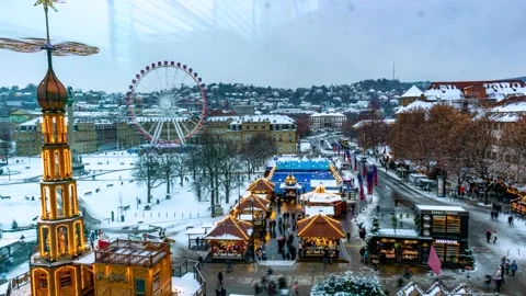Motionlapse in Stuttgart, Germany, view of snowy Christmas Market and Stock Footage 227667131