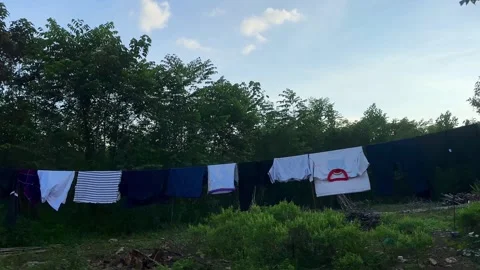 Motionless clothes drying with rural forest background Stock Footage 324684501