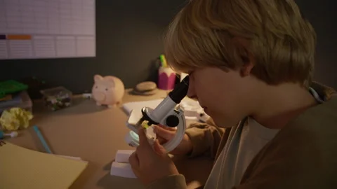 Motivated Scientist Boy Examining Leaf Specimen under Microscope at Home Stock Footage 326671680