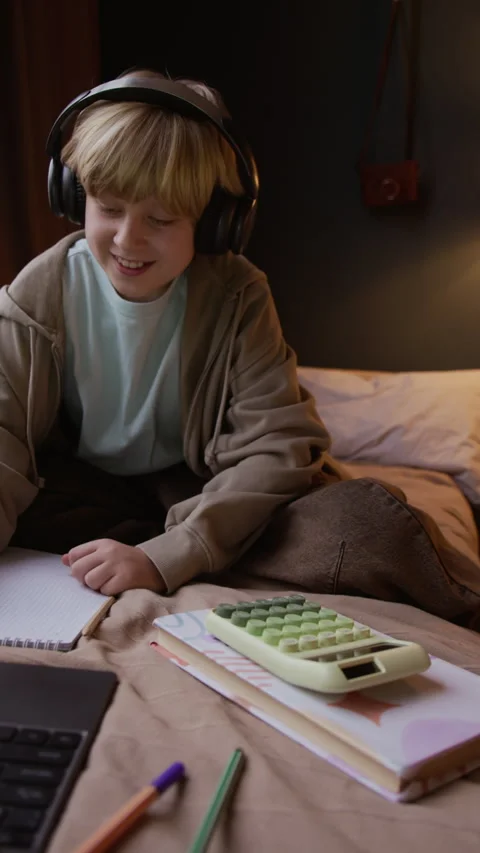 Motivated Student Boy Using Laptop Studying Math Online from Home Stock Footage 326671699