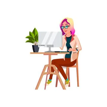 Motivated young lady checking e-mails on personal computer at work cartoon ve Stock Illustration