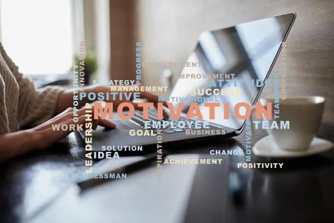 Motivation concept on the virtual screen. Words cloud. 库存照片