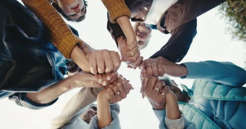 Motivation, low angle and people outdoor with holding hands, victory and team Stock Footage 342321583