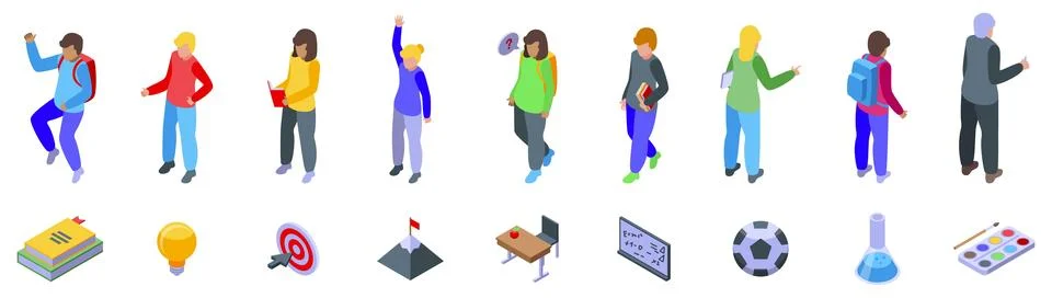 Motivation study icons set. School students learning, playing and interacti.. Stockillustratie