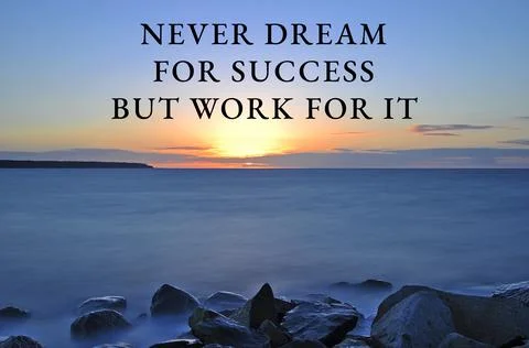 Motivational dream success poster on a sunset lake background Stock Photos