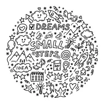 Motivational small steps doodle circle with stars ideas and goals Stock Illustration