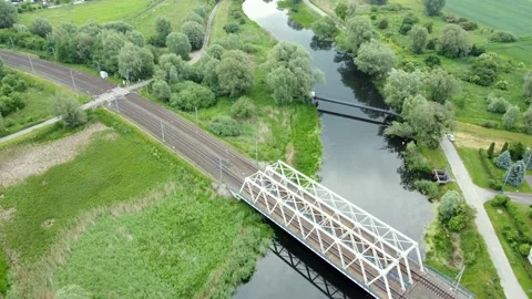 The Motława River flows smoothly between green fields. Stock Footage 156131964