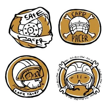 Moto biker theme, icon set. Cafe racer. Golden, white Stock Illustration