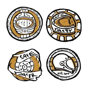 Moto biker theme, icon set. Cafe racer. Golden, white Stock Illustration