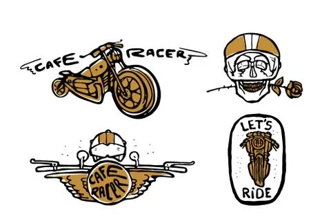 Moto biker theme, icon set. Cafe racer. Golden, white Illustrazione stock
