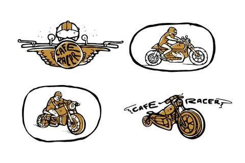 Moto biker theme, icon set. Cafe racer. Golden, white Illustrazione stock
