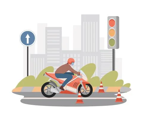 Moto school vector flat illustration. Man riding on motorbike, learn rules to Stock Illustration
