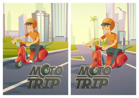 Moto trip posters with man on scooter on city road Stock Illustration