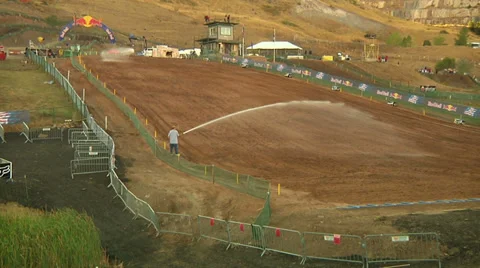 Motocross track being hosed down for dirt and clay (AMA1-19) Vídeos de archivo 35346480