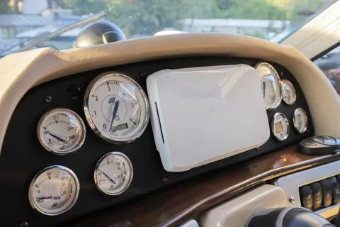 Motor boat dashboard with navigation devices Stock Photos