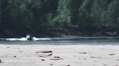 Motor boat floating on the river Stock Footage 42537224
