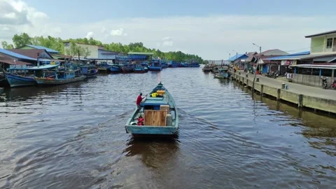 Motor boat n a river Stock Footage 300355719