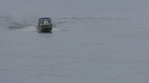 Motor boat runs down the river Stock Footage 144755820
