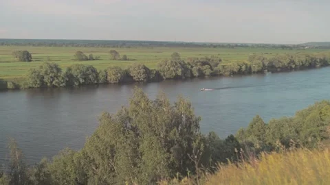 A motor boat is sailing on the river Stock Footage 155954313