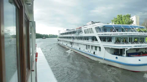 Motor ship passes by the river Stock Footage 35664086