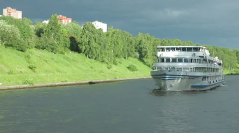 Motor ship passes by the river left Stock Footage 35663954