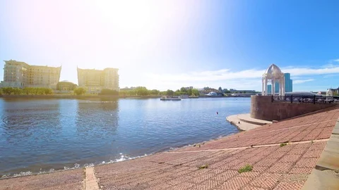 The motor ship sails on the Ishim River in Astana. Stock Footage 112641711