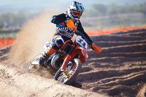 Motorbike, sport and action with dirt for competition with power or speed on Stock Photos