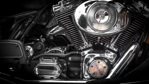 Motorbike's chromed engine Stock Photos