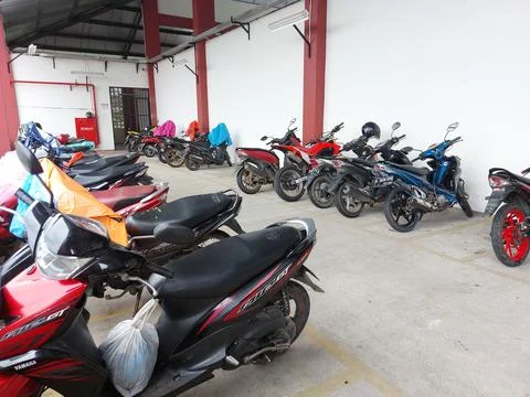 Motorbikes parked Stock Photos