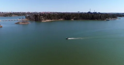 Motorboat, Cinema 4k aerial view following a boat in the finnish archipelag.. Stock Footage