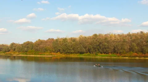Motorboat floats on the river. Stock Footage 45158131
