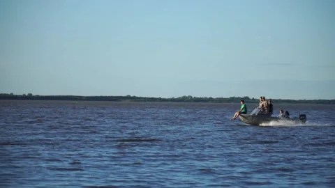 Motorboat floats on the river Video stock 140382940