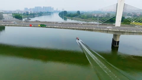 Motorboat leaving a white wake beneath a cable stayed bridge at Lichuan Bridge Stock Footage 346751189
