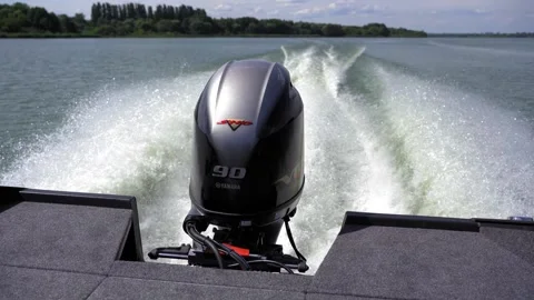 Motorboat on the move. View of the back of the stern of the boat. Stock Footage 248309026