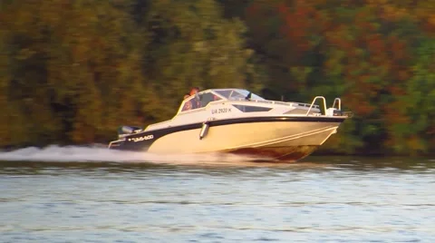 Motorboat moving on a river Stock Footage 43214623