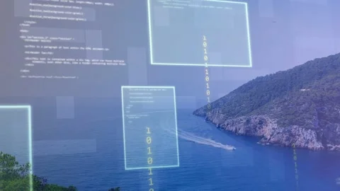 Motorboat moving through bay, wake causing AR code panels appearing, streaming Stock Footage 333999919