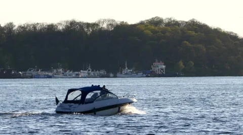 Motorboat runabout sailing in water lake sea river, jungle trees in background Stock Footage 63014953