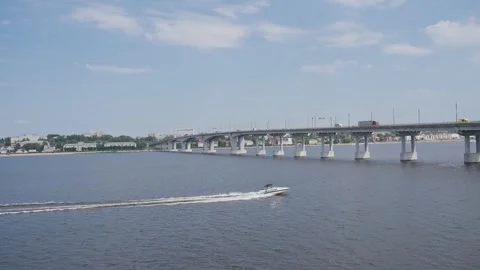 A motorboat sails down the river, slow motion video Video stock 329094170