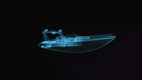 Motorboat wireframe scheme. 3d render with blue grid lines. Loop rotation  Stock Footage 172065361