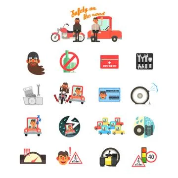 Motorcycle and Car Safety Drive Rules. Vector Illustration Set Stock Illustration