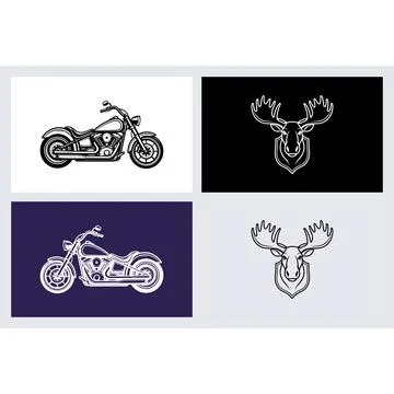 Motorcycle and moose head emblems in vintage line art style Stock Illustration