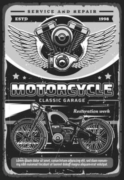 Motorcycle and motorbike engine, vector poster Illustrazione stock