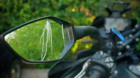 Motorcycle with a broken rearview mirror reflecting a blurred green background, Stock Footage 342955349
