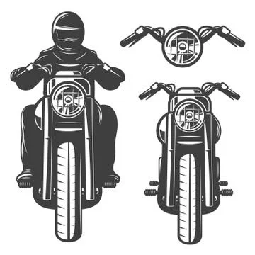 Motorcycle chopper, front, motorcycle driver, monochrome, wheel, headlamp Stock Illustration