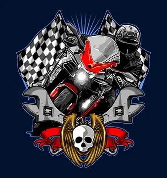 Motorcycle cornering with checkered flag background Stock Illustration