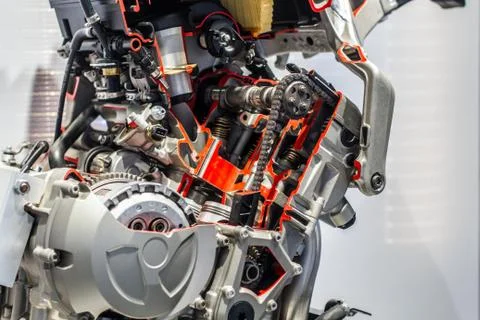 Motorcycle engine and gearbox inside with open caps Stock Photos