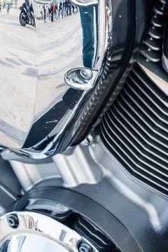 Motorcycle engine with chrome details, close-up Stock Photos
