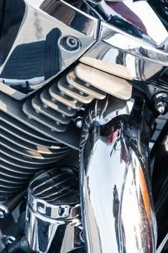 Motorcycle engine with chrome details, close-up Stock Photos