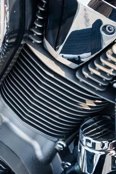 Motorcycle engine with chrome details, close-up Stock Photos